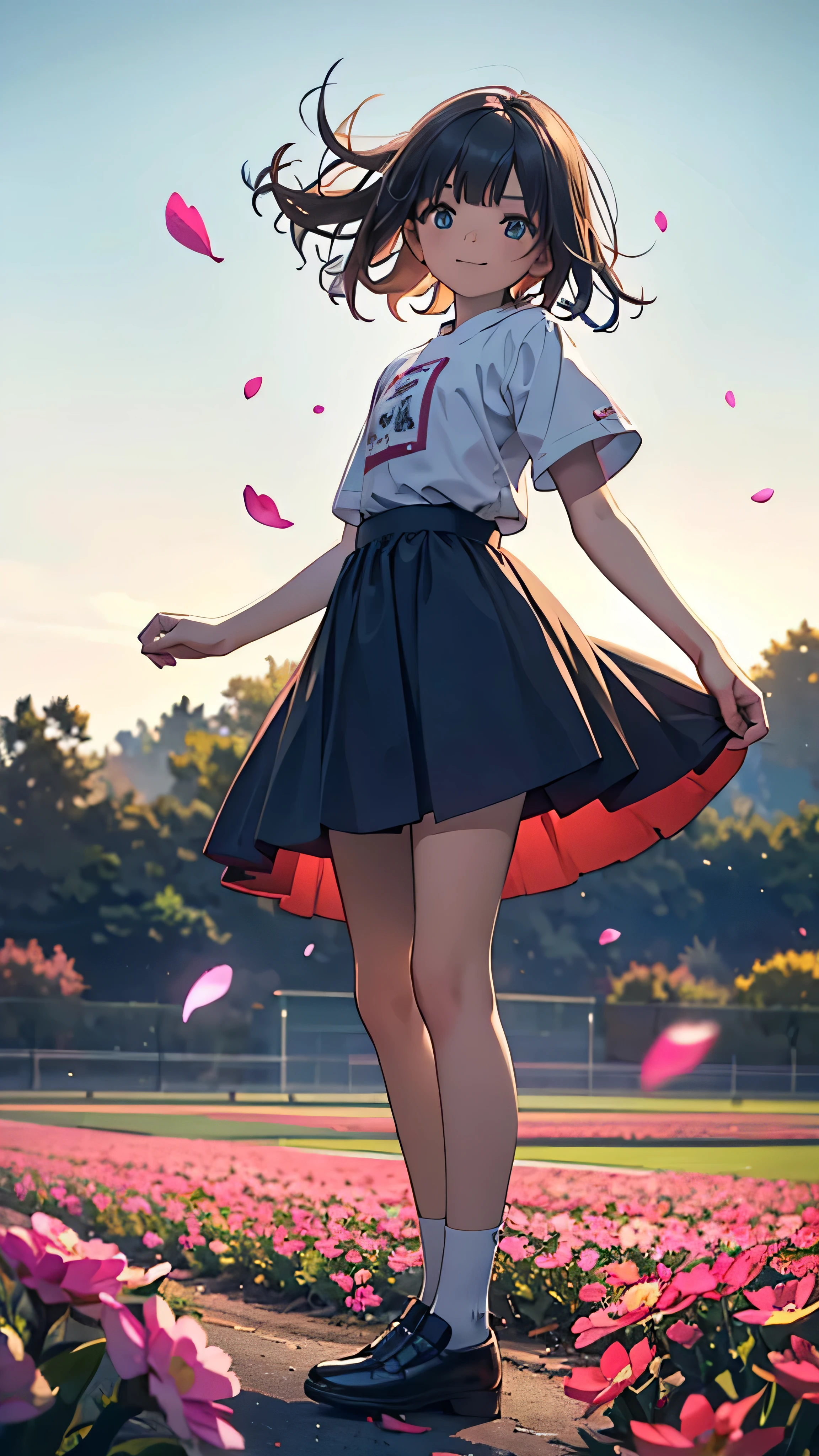 Official Art, wallpaper, Very detailed, (((Very detailed))), Realistic portraits, (high quality, masterpiece, High resolution) , 8K UHD, Soft Light, high quality, There is a woman, surrounded by colorful flowers, Flower Field, female portrait With flowers, Soft and fantastic lighting, Beautiful young dark-haired woman, Fantastic and dreamy, 4K, 8k, Background Blur, smile, , Angle from below, Dynamic, Wide angle, Aperture value F1.2, Anatomically correct, low angle, Full body photo, short stature , Hair blowing in the wind, The dancing petals shine, horizon
