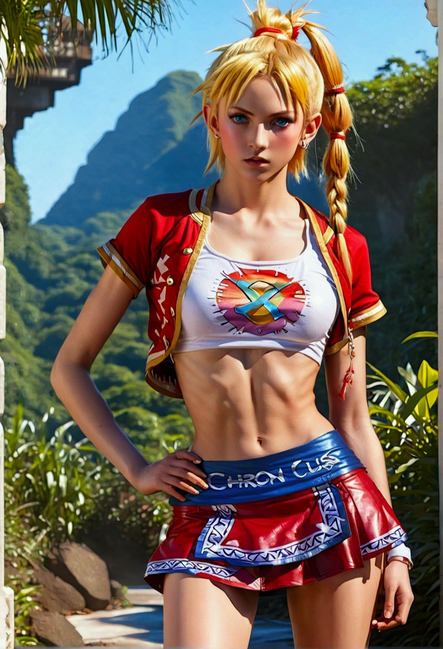 (promotional art), (Whole body view), (Kid from Chrono Cross), yellow hair in high ponytail braid, sapphire blue eyes, very slender toned frame, lanky thin build, medium-large bust, (very pale white skin:1.3), fierce expression, BREAK: (red skin tight extremely high front slitted micro skirt:1.4), (3/4 cropped RED jacket with short sleeves:1.2), white crop top under jacket, (underboob showing), covered hard nipples poking through shirt fabric, BREAK: (1/4 walking pose), contrapposto walk, jungle setting