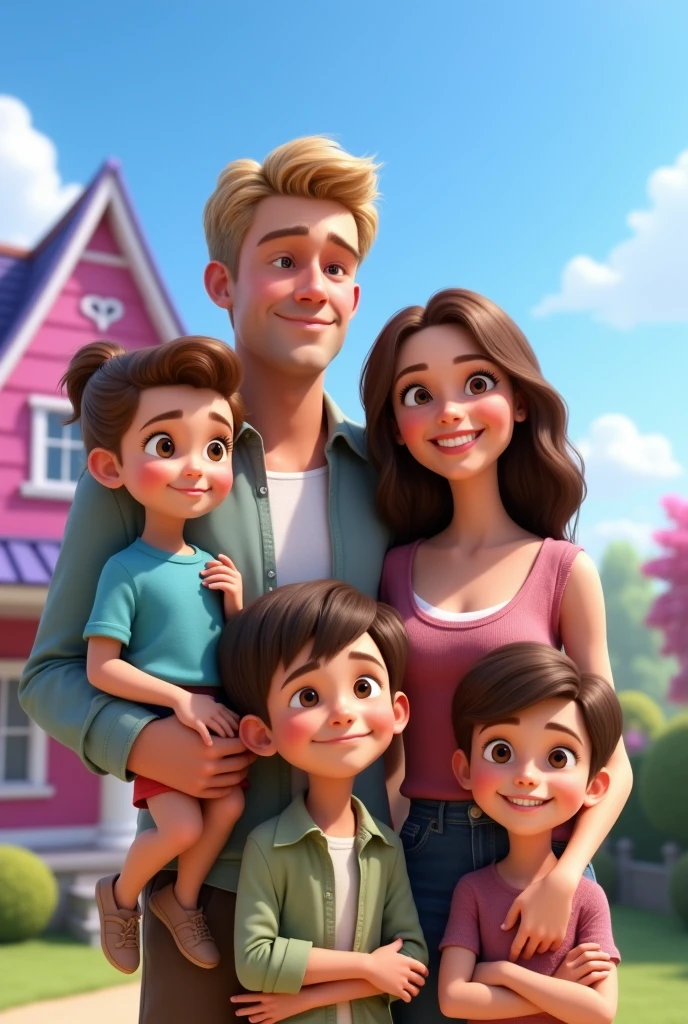 Disney Pixar poster in front of a house under a clear blue sky. shows a white family. The tallest, handsome father has blonde hair and the mother has beautiful eyes and brown, shoulder-length hair. one beautiful 4 year old girl is being held by her father on the left and there are two handsome boys standing in front of her. everyone wore nice clothes .looking ahead with a happy smile. The house in the pink background with white accents and a purple roof, gives a magical impression. The setting looks like a sunny day with a few clouds in the sky, depicting a cheerful and carefree atmosphere. 3D Rendering