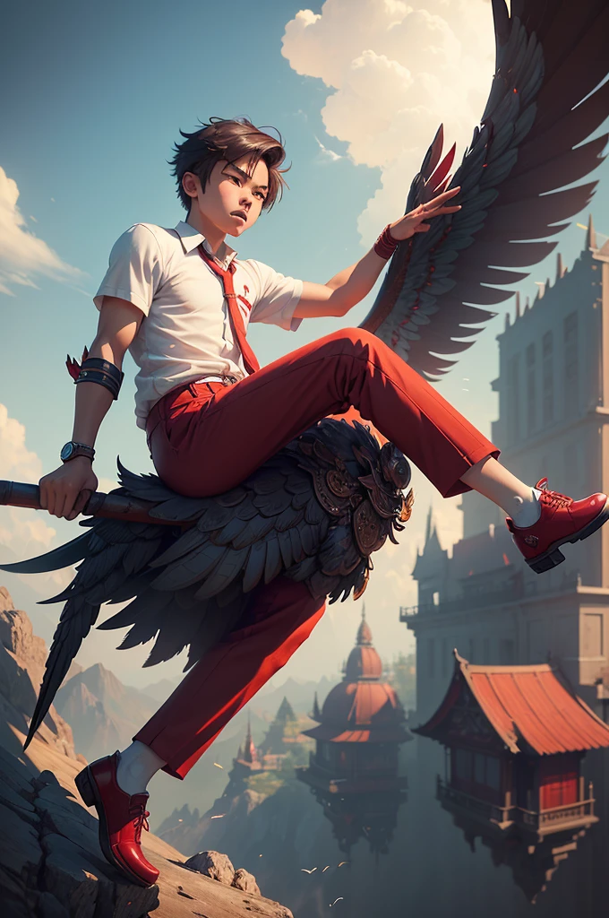 there is a boy riding a garuda bird complete with very detailed and intricate vintage armor, with the Indonesian flag on it, inspired by Rudy Siswanto, cyril rolando and goro fujita, by Rudy Siswanto, indonesia, flying high in the sky, the boy is carrying a waving Indonesian flag, has short hair, with an enthusiastic expression on his face, the boy is wearing a school uniform (((white shirt), (((red trousers))) and black shoes, guweiz style artwork, wojtek fus, epic 3d illustration, inspired by Erik Pevernagie, inspired by Cyril Rolando