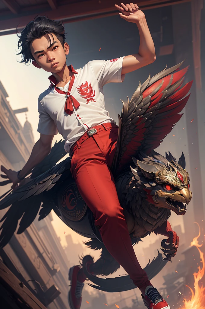 there is a boy riding a garuda bird complete with very detailed and intricate vintage armor, with the Indonesian flag on it, inspired by Rudy Siswanto, cyril rolando and goro fujita, by Rudy Siswanto, indonesia, flying high in the sky, the boy is carrying a waving Indonesian flag, has short hair, with an enthusiastic expression on his face, the boy is wearing a school uniform (((white shirt), (((red trousers))) and black shoes, guweiz style artwork, wojtek fus, epic 3d illustration, inspired by Erik Pevernagie, inspired by Cyril Rolando