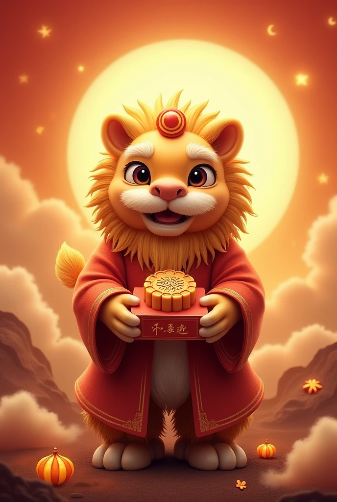 Packaging cover image ,Mooncake gift box,Mid-Autumn Festival style,A lion holding a moon cake,Realistic style,Anthropomorphic Lion