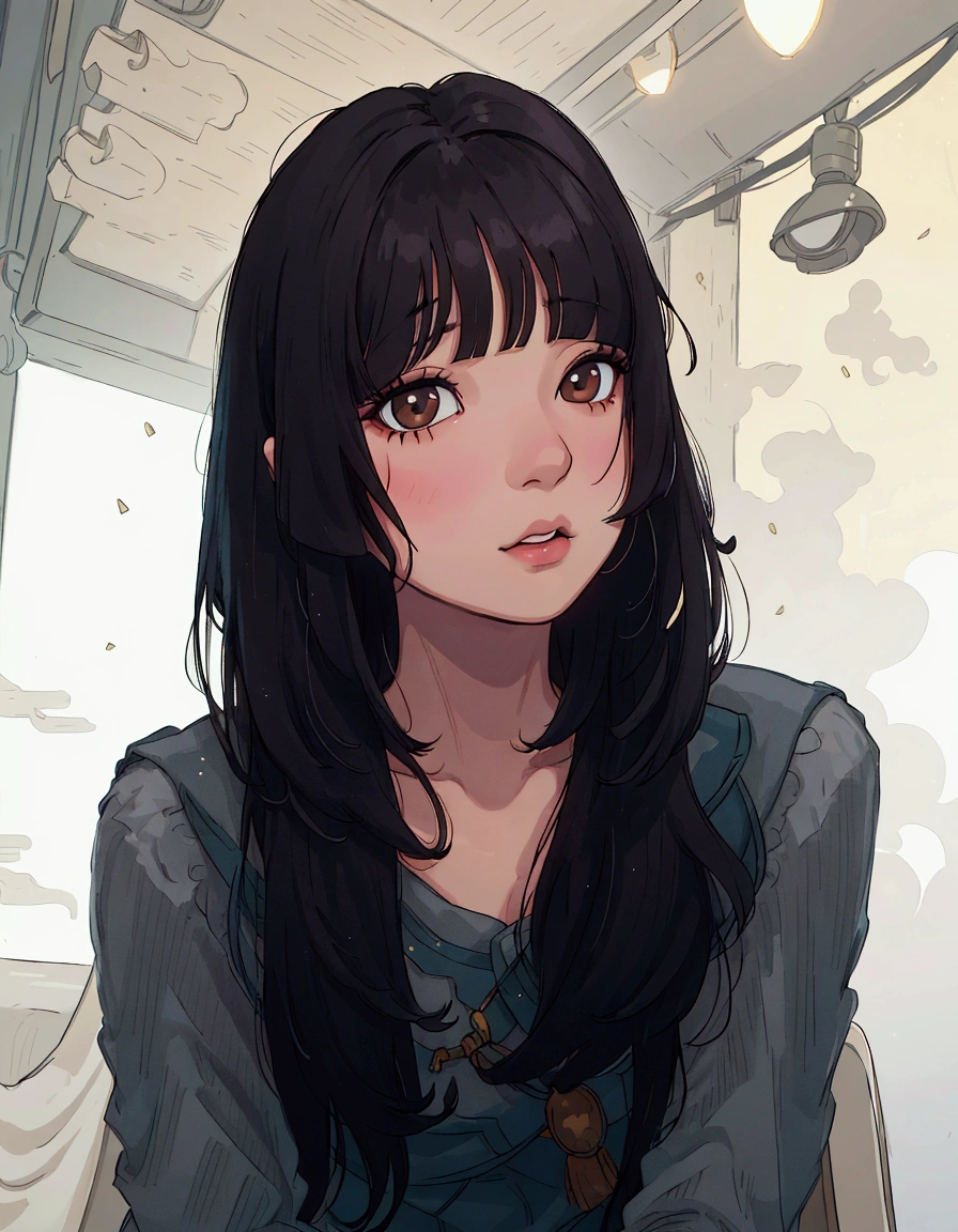 (best quality:0.8) perfect anime illustration, arafed asian woman with long black hair sitting in a chair, black hime cut hair, she has black hair with bangs, long hair with bangs, neat hair with bangs, long black hair with bangs, long hair with full bangs, with bangs, white hime cut hairstyle, long dark hair with bangs, korean girl, beautiful south korean woman, with full bangs