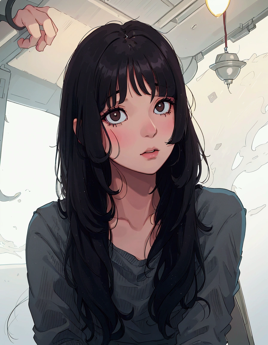 (best quality:0.8) perfect anime illustration, arafed asian woman with long black hair sitting in a chair, black hime cut hair, she has black hair with bangs, long hair with bangs, neat hair with bangs, long black hair with bangs, long hair with full bangs, with bangs, white hime cut hairstyle, long dark hair with bangs, korean girl, beautiful south korean woman, with full bangs
