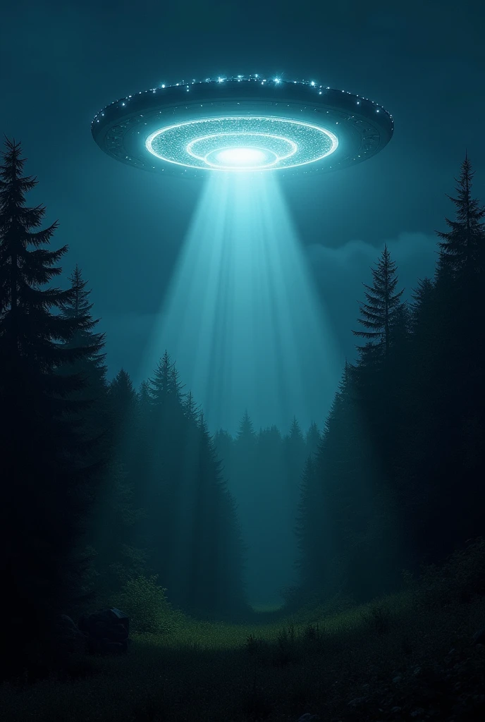 A luminous UFO suspended above a forest at night