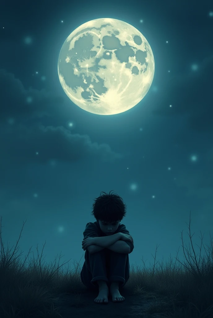 Boy feeling sad under the big
Moon