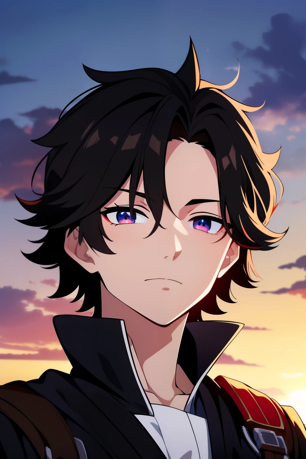 (high-quality, breathtaking),(expressive eyes, perfect face) 1boy, male, solo, young adult, Symmetrical Eyes, portrait, black hair, red eye color, short hair length, messy loose hair, neutral expression, soft smile, white shirt, black cloak red trim, fantasy attire, adventurer profession, sunset sky, summer theme