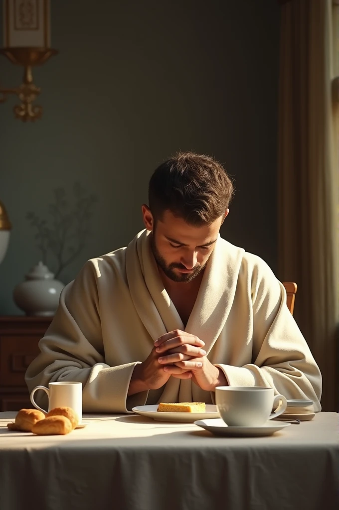 A man praying with his head bowed sitting at a breakfast table