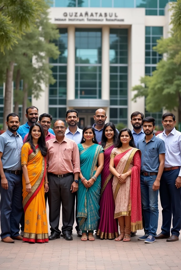 Creatd an image of a group of exact 23 Indian people both men and women (some in salwar some in jeans top formal) posing for a front facing group photo after a seminar. Add a background of an IIT institute behind but dont add any name.