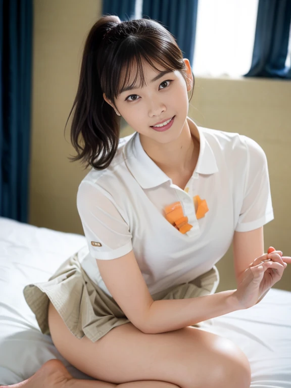 (Masterpiece, Best quality:1.3), (Ultra realistic, Photo-realistic:1.2), From above, From side, Natural light, 28 years old actress, Japanese women, Neat and clean, (White tennis uniform, White short-sleeve polo shirt with darknavy line collar:1.2), (unbutton:1.3), (White tennis skirt:1.2), white sock, (short wavy hair:1.2), ponytail, (Beautiful face), Oval face, clear, Beautiful eyes, Kind eyes, Clear skin, Small face, Beautiful mouth, Small mouth, Natural makeup, Approachable, (nsfw:1.2), Seductive smile, (Seductive pose:1.3), (Beautiful thighs:1.2), (Bedroom eyes:1.2), Embarrassed, Blush, Luxury hotel Suite room, On bed, Hidden camera installed in suite room captures obscene reality of girls high school , (lesbian couple , petting together:1.2),