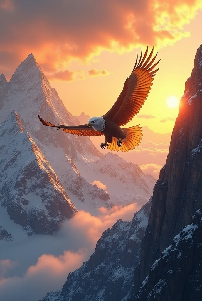 A golden eagle in majestic form glides through the high mountains at sunset 