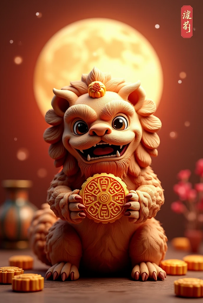 Packaging cover image ,Mooncake gift box,Mid-Autumn Festival style,lion,hairy,Holding moon cake,Realistic style
