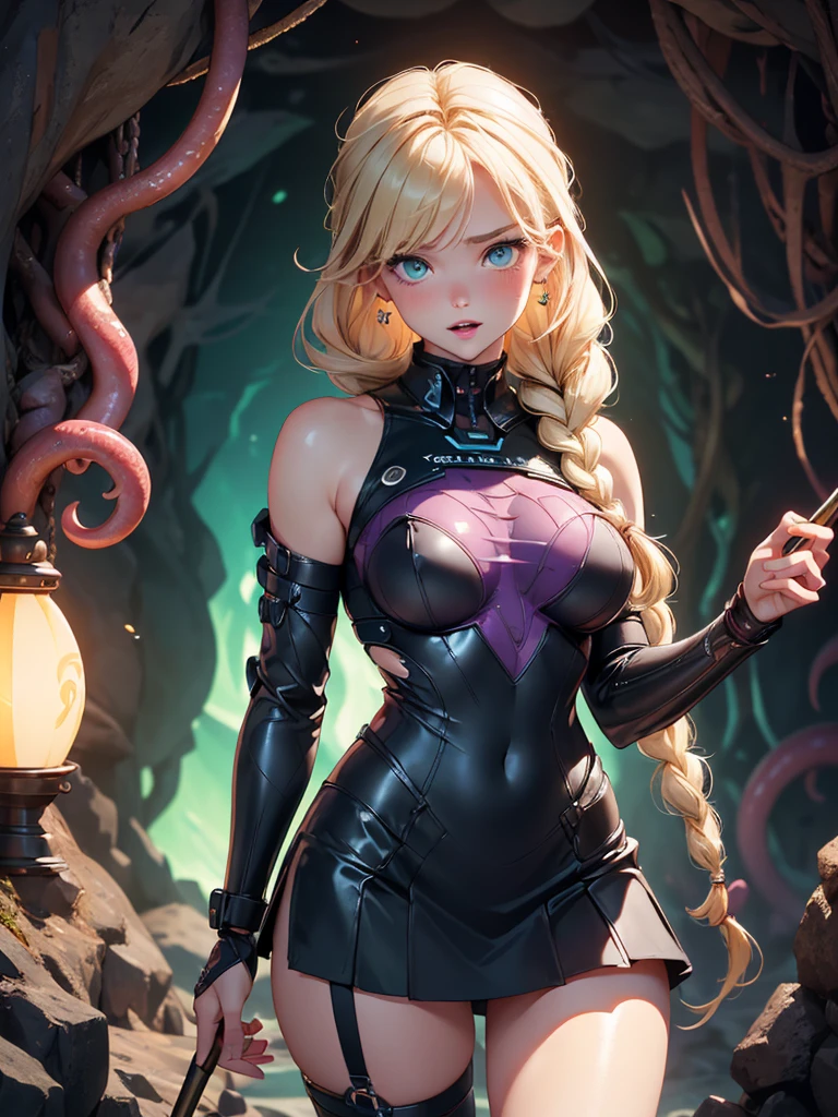 ​master piece,Best Quality,Ultra-detailed,High resolution,Octane Render,valkyrie,Blonde hair,Radiant hair,(1 girl),Beautiful Girl,Beautiful mature face,torn clothes,broken clothes,Seductive young woman,female focus,Beautiful breasts,Full body,(Perfect body),Standing,(Dark purple cyber suit and crimson microskirt),Garter Belt,Bare shoulders,((Check out our thru-rack chokers and midi rings with chains,(blonde single braid),big bright green eyes, Shining eyes beautiful detailed eyes),Cute,Cool,pale skin,Faint lips,A seductive and confident smile,embarrassed,Open mouth,(hair, Realistic:1),to stand,Holding silver halberd,Blushing face,Fantasy,Sweat,steam,(In a cave with tentacles),((veiny tentacles)),cthulhu mythos,