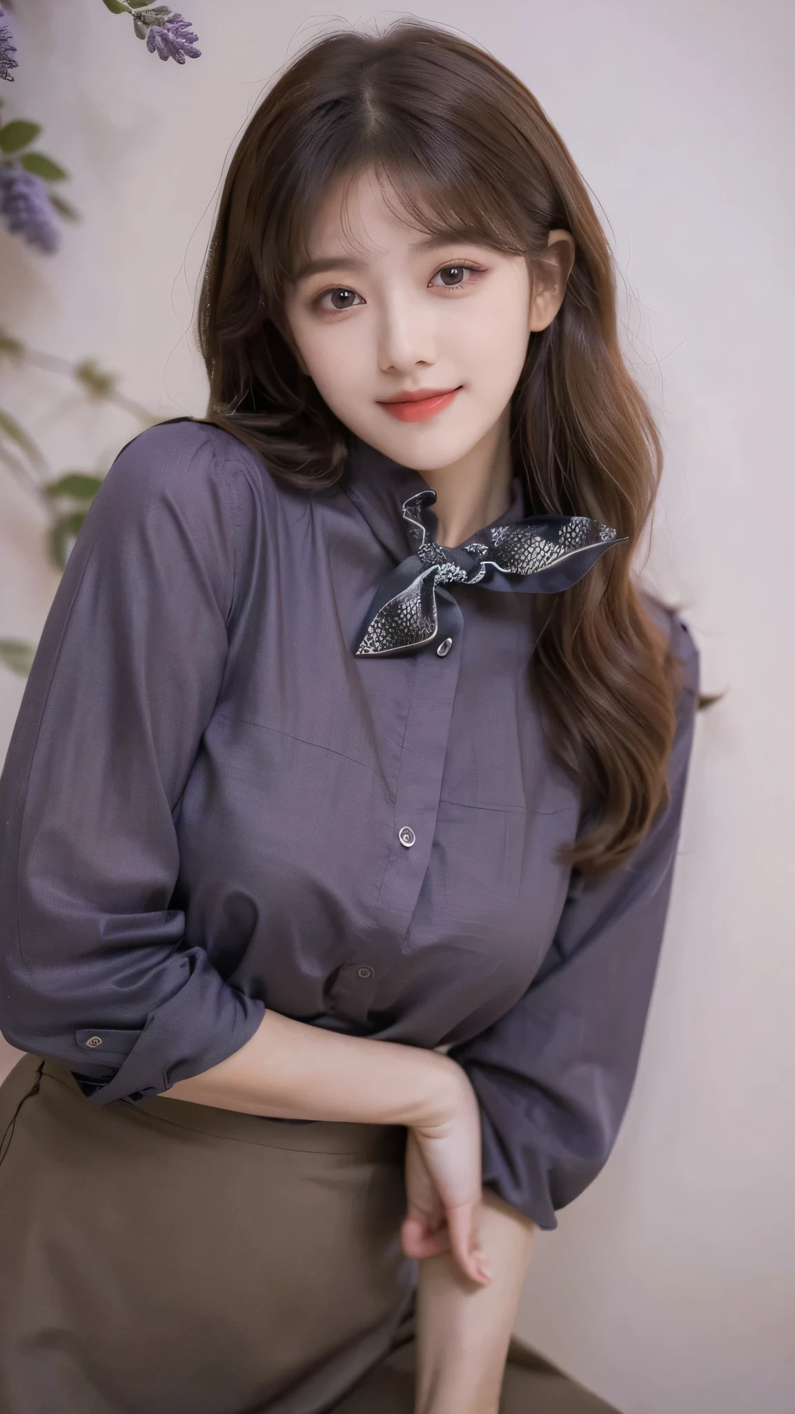 detailed background, masterpiece, best quality, 1 person , curly hair, long hair, purple eyes, star in eye , grey blouse, long skirt, grey , grey blouse , beautiful bow, detailed bow, indoor , hair accessories, jewelry, red lips
