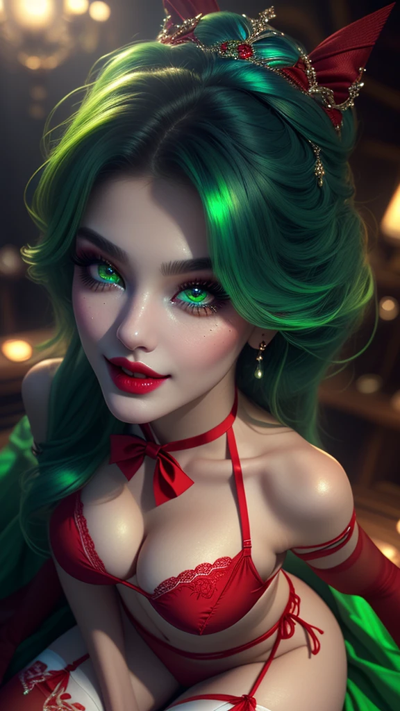 (masterpiece), (ultra high resolution), (extremely intricate), (exquisitely detailed), 1girl, (beautiful gorgeous persian woman), (F1.4, 1/800s, ISO 100, photorealistic), looking_at_breasts and from above, Evil queen, homewrecker,blue hair, crossed_legs, huge breasts, laugh,green eyeshadow makeup, dark red lips,((Wearing tight white shirt,black tight mini skirt,red bowtie,red string bikini thigh high stockings),(aroused_face:1.4),high quality, high quality, High resolution、black_mascara put in Long eyelashes:1.5, dark (eyesshadows:1.25), (Glossy) green_lips:1.24, [[blue_eyes]], (iridescent eyes), vibrant eyes:1.2, contrast, light shot:1.2, (seductive smile), ((makeup cheeks flushed)), white eyes, 