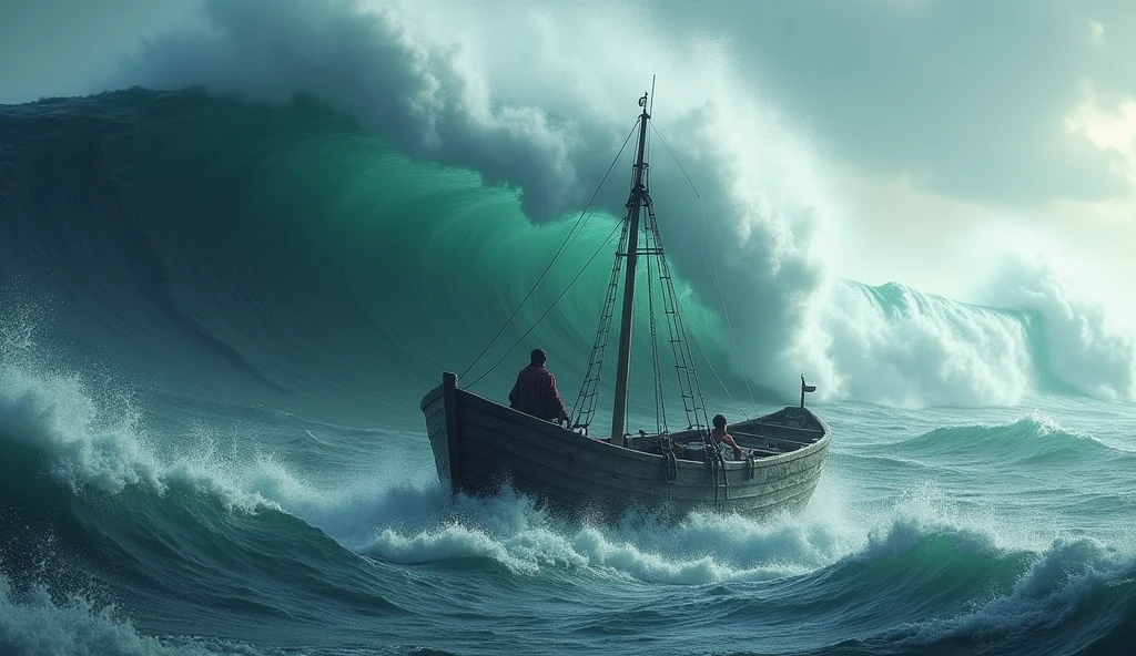 Small boat in ocean fight with dangerous waves