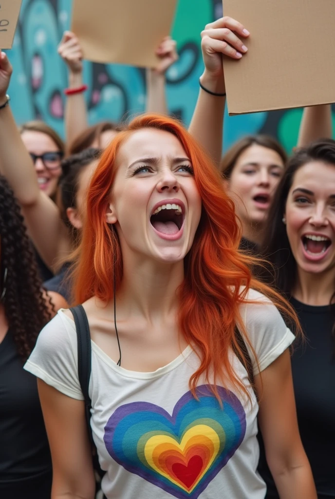 A group of diverse individuals, possibly protesters, holding up various signs and banners. The central figure, with vibrant orange hair, is prominently featured, shouting with her mouth wide open. She wears a t-shirt with a heart-shaped rainbow design. Surrounding her are individuals with different expressions, some holding blank signs, while others have signs with text. The background is filled with graffiti-style artwork in various colors, adding to the urban and rebellious atmosphere of the scene.