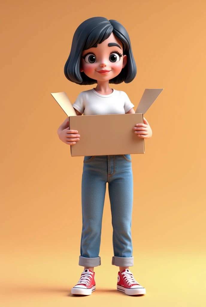 3d cartoon, woman, very short hair, straight black hair, black eyes, wearing a white t-shirt without a print, jeans and all star sneakers. Looking at the camera, holding an open box in his hands and showing it to the audience.