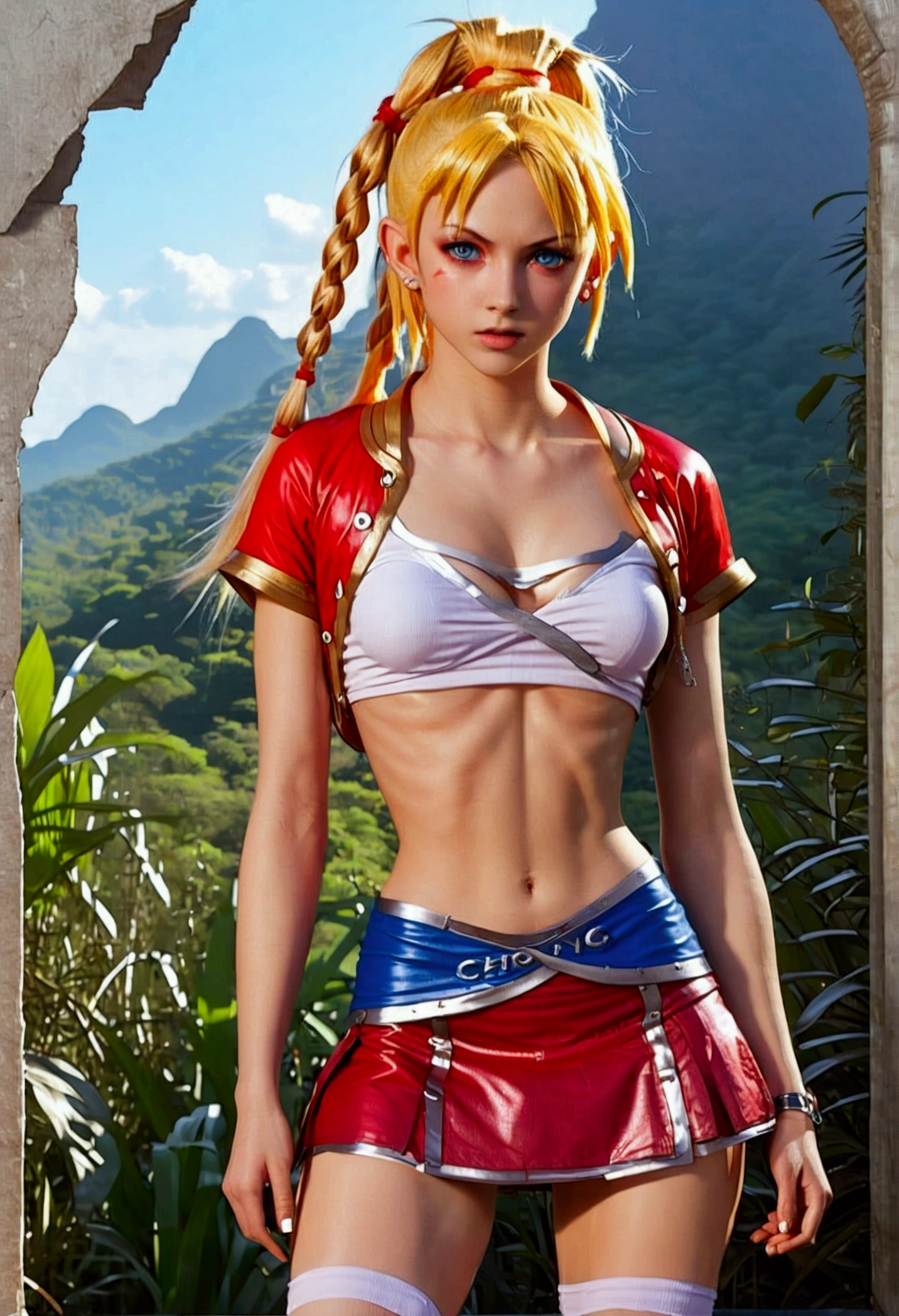 (promotional art), (Whole body view), (Kid from Chrono Cross), yellow hair in high ponytail braid, sapphire blue eyes, very slender toned frame, lanky thin build, medium-large bust, (very pale white skin:1.3), fierce expression, BREAK: (red skin tight extremely high front slitted cloth micro skirt:1.4), (3/4 cropped RED cloth jacket with short sleeves:1.2), white crop top under jacket, (underboob showing), covered hard nipples poking through shirt fabric, BREAK: (1/4 walking pose), contrapposto walk, jungle setting