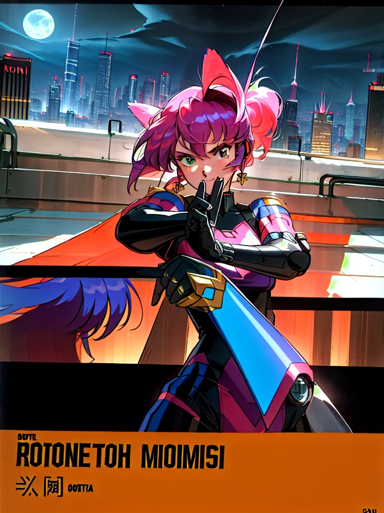 Kenichi Sonoda, retro art-style, bubblegum crisis, Sci-fi, Cyberpunk, Neon, Dystopia, (On a full moon night, on the rooftop of a high-rise building, a figure is seen wearing a metal hard suit that covers the whole body from head to toe. It is made up of curved surfaces that give it a feminine bodyline.), 1girl, solo, 18yo, Cool beauty, Unparalleled beauty, fearless look, smile, fighting stance, (attack, punching at viewer), close-up photography of upper body, Depth of field, character focus, (masterpiece, anime cg, official art, work of art, Award-winning work, extreme quality, ultra high definition, all intricate, overall detailed, finely detailed, super detailed, very aesthetic, boast pompously, focus on entire screen, asymmetrical, raytraced, caustics, textile shading, incredibly absurd resolution, absolutely resolution, ultra high resolution, professional, vivid colors, perfect anatomy, ideal facial features, beautiful detailed face, ideally proportioned figure, perfectly beautiful body),