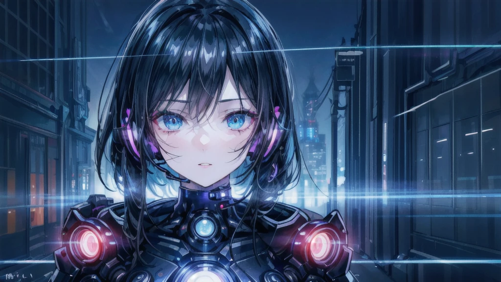 a detailed portrait of a cyberpunk girl with black hair, beautiful detailed eyes, beautiful detailed lips, extremely detailed face, longeyes, wearing a headset with RGB lights, in a cyberpunk city at night, 4k, ultra-detailed,realistic,photo-realistic,HDR,UHD,studio lighting,ultra-fine painting,sharp focus,physically-based rendering,extreme detail description,professional,vivid colors,bokeh