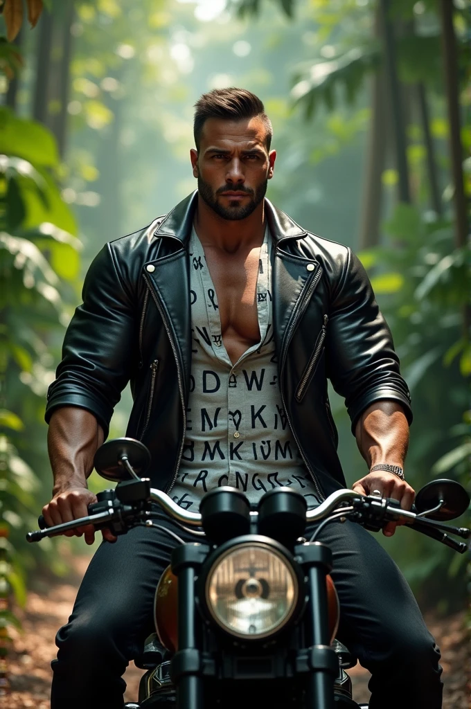 Big giant body builder men wearing black leather jacket on unbuttoned grey shirt with alphabet prints on heavy motor bike in jungle