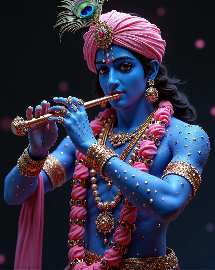 Lord Krishna, depicted in a hyper-realistic and highly detailed form, playing his divine flute. His entire body is adorned with radiant crystals that shine with a divine, ethereal glow. His skin, a deep and mesmerizing shade of blue, sparkles with intricate, jewel-like patterns. He wears a traditional turban with a peacock feather delicately placed at the top. His attire is richly decorated with ornate jewelry, including gold and bejeweled necklaces, bracelets, and anklets, all adding to his majestic appearance. The scene is bathed in a soft, mystical light, highlighting every detail of his divine form, creating an aura of spiritual serenity and divine energy. The background is kept minimalistic to focus on the divine figure, with subtle hints of a cosmic backdrop to emphasize his celestial nature. The overall composition should exude a sense of divinity, tranquility, and spiritual grace, with each crystal on his body shimmering as if blessed by the divine energy.