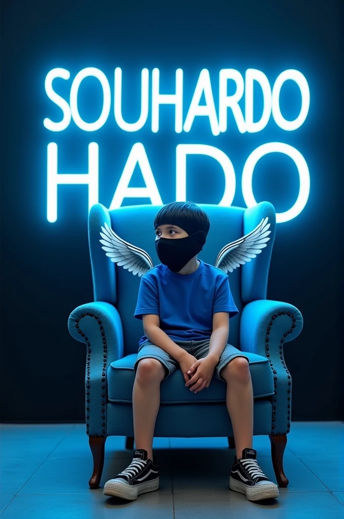 Create a 3D illusion for a Instagram profile picture where a young  boy in a Blue shirt sits casually on a blue Wingback Chair. Wearing sneakers, a black cricket mask, he looks ahead. The background features "SOUHARDO" in big and capital blue nion fonts on the black wall. There should not be his shadow, and there are wings to make it appear as if he is an angel.