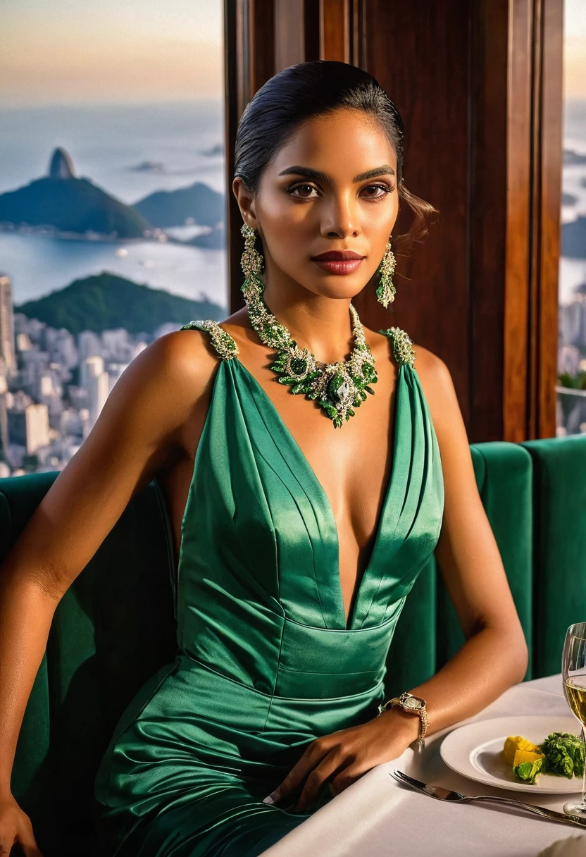 1 beautiful girl, Stunning 35mm photo, ((perfect eyes)), (highly detailed skin), ((looking at camera)), 35mm, Hasselblad. capturing fashion-forward visuals, A sophisticated South American woman dining at an upscale restaurant with Brazilian influences. She is dressed in an elegant evening gown, adorned with fine jewelry, as she enjoys a gourmet meal in a setting featuring rich wood paneling, tropical greenery, and a view of Rio de Janeiro’s skyline. The ambiance is one of exclusivity and refinement, highlighting her wealth and cultural appreciation