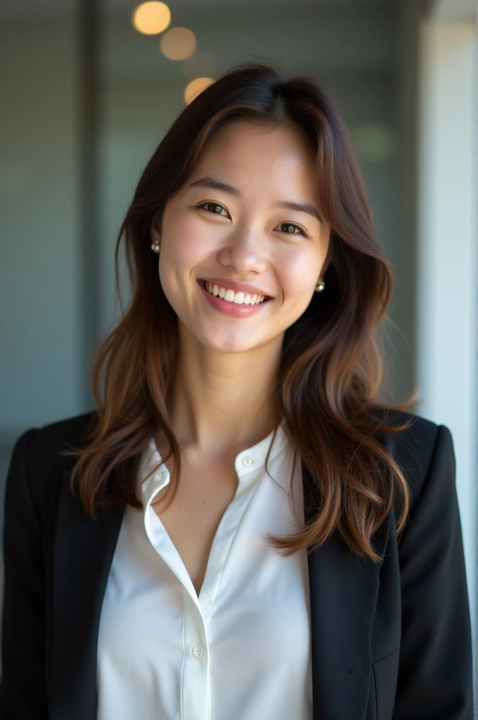 21 years old girl with round face and fair skin tone wearing formals for linkedin