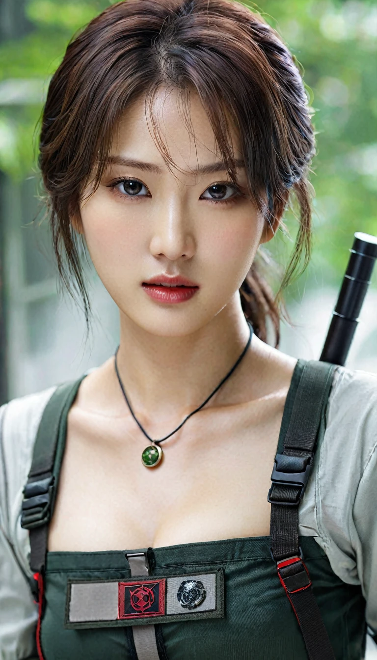 Close up of beautiful Korean woman, 34 inches chest, wear《resident Evil》There are people there'Clothes, squeeze, Landscape background, Ultra HD