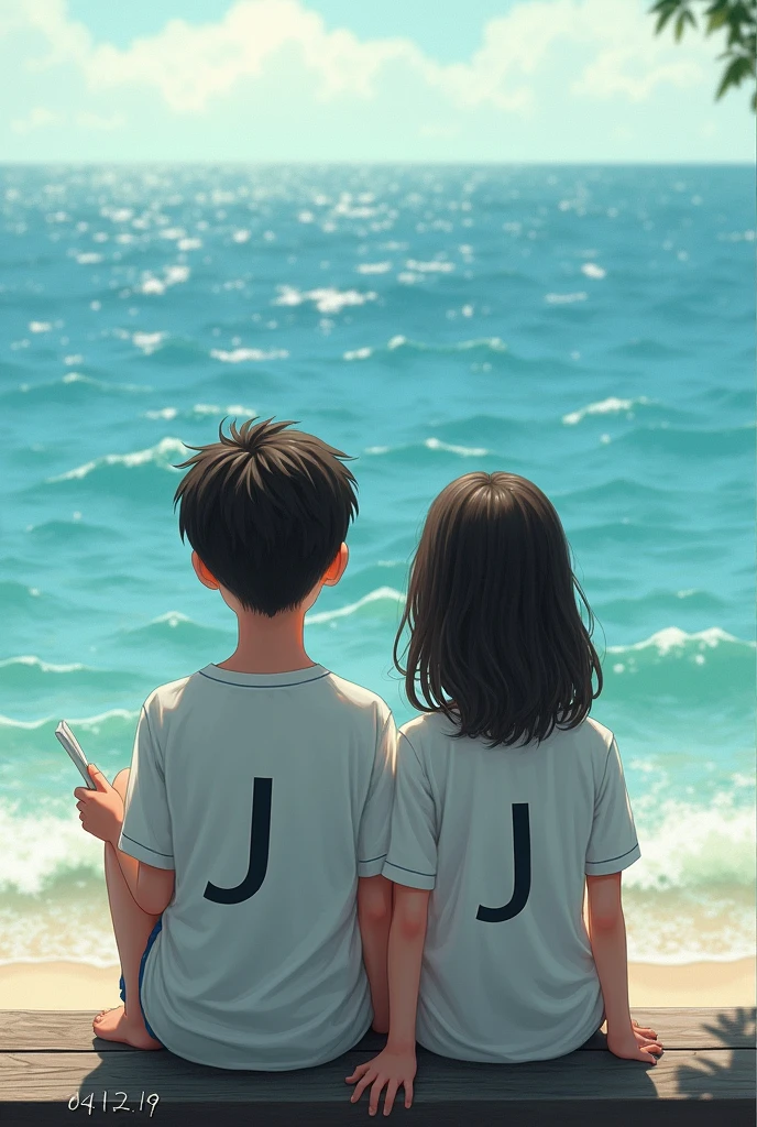 A boy and a girl sitting on a bench looking at the sea in the front and in the background with white t-shirts and with the backs on their t-shirts and the boy with a letter (It is) he/she with a letter (J) and below the numbers 04-12-19