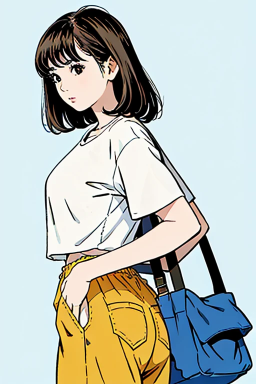 masterpiece、high quality,One girl,alone,Simple Background, Baggy white T-shirt, Beige wide silhouette bottoms, Tuck the bottoms of your tops into your bottoms, Super huge breasts