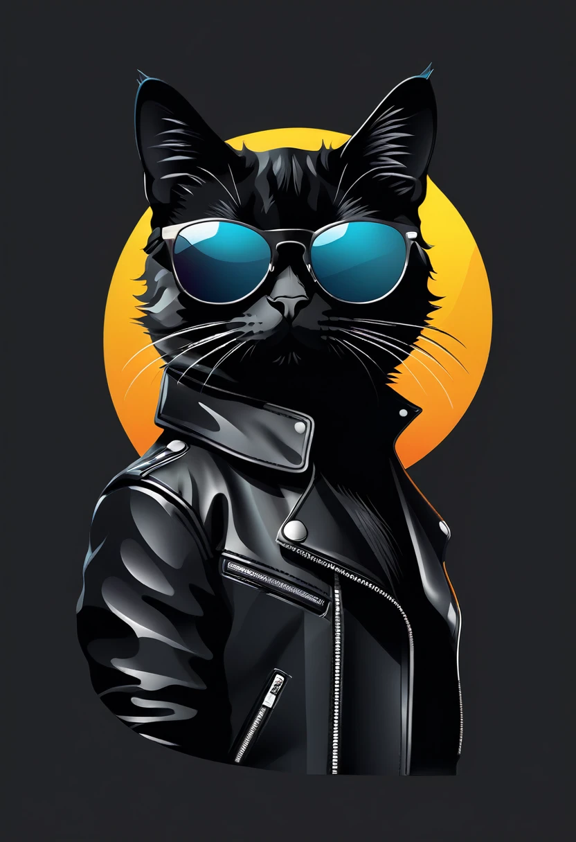   Perfect anatomy black cute cat wearing translucent sunglasses sideways and black leather jacket with cool expression (close up) Background abstract art flat style vector art, Flat vector art uses simplicity in vector art、Pure expression，

                     Highlight simplicity and clarity of form，Bring simplicity and modernity to your work. Vivid depiction. Perfect artistic design. Accurate and perfect anatomy.