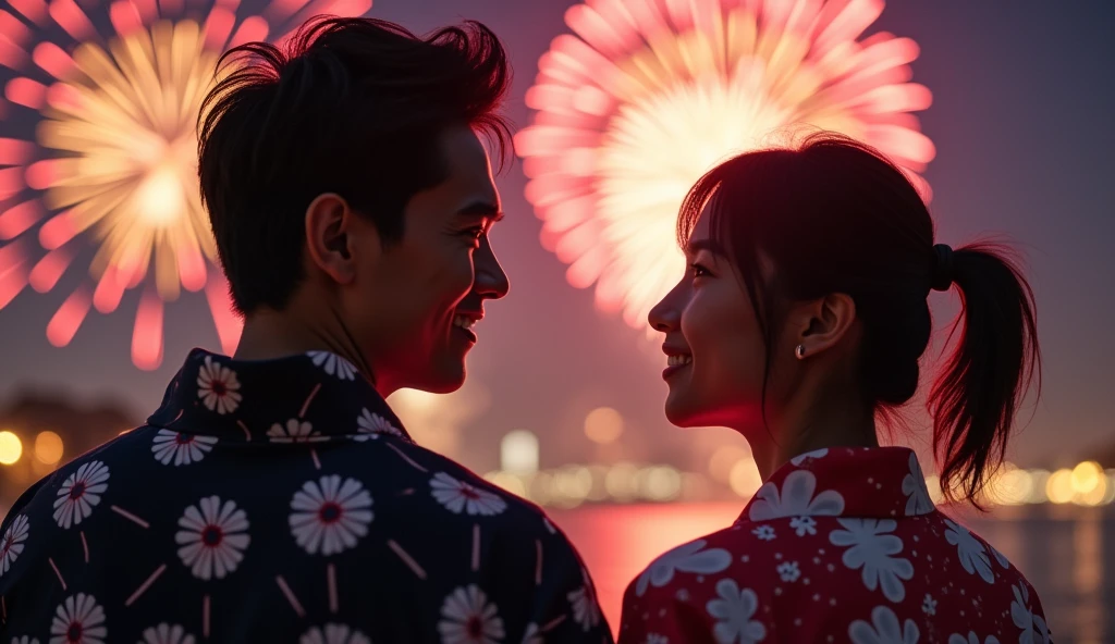(best quality, masterpiece, ultra detailed, ultra high res, photorealistic, raw photo, absurdres, absolutely resolution), A Japanese man wearing a yukata and a woman are smiling as they watch fireworks