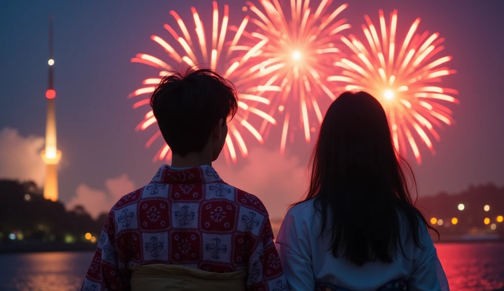 (best quality, masterpiece, ultra detailed, ultra high res, photorealistic, raw photo, absurdres, absolutely resolution), A Japanese man wearing a yukata and a woman are smiling as they watch fireworks