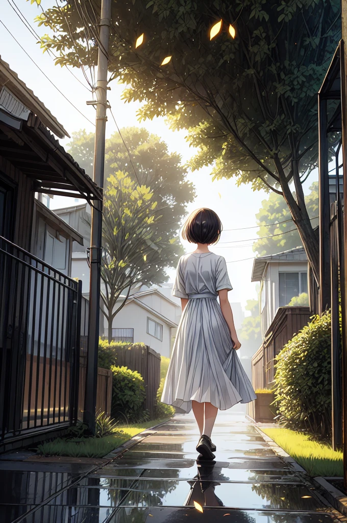 In a quiet, suburban street drenched in the soft afterglow of a recent rain, the camera is positioned at a low angle, capturing the scene from behind a young girl as she walks down the pathway. The shot is framed to emphasize the ethereal atmosphere created by the interplay of light and shadow. The girl's silhouette is central to the composition, bathed in warm sunlight filtering through the overhanging trees, which create a natural canopy above her.The scene is filled with a soft, golden hue, where the sunlight pierces through the dense leaves, casting dappled patterns on the wet pavement. Tiny droplets of water, suspended in mid-air, catch the light, appearing like glistening fireflies around the girl. Her posture is relaxed, her arms slightly swinging as she walks, her simple white dress swaying with her movements. The light breeze gently tousles her short hair, adding to the sense of serenity.Reflections of the girl and the surrounding greenery can be seen in the shallow puddles that still linger on the ground, enhancing the dreamy, almost surreal quality of the scene. In the background, out of focus, the urban elements of street poles and distant buildings are subtly suggested, hinting at the quiet neighborhood setting. The overall composition conveys a peaceful, nostalgic moment, capturing the fleeting beauty of a calm afternoon walk after the rain. UHD, 4K, HIGH QUALITY, QUALITY, 