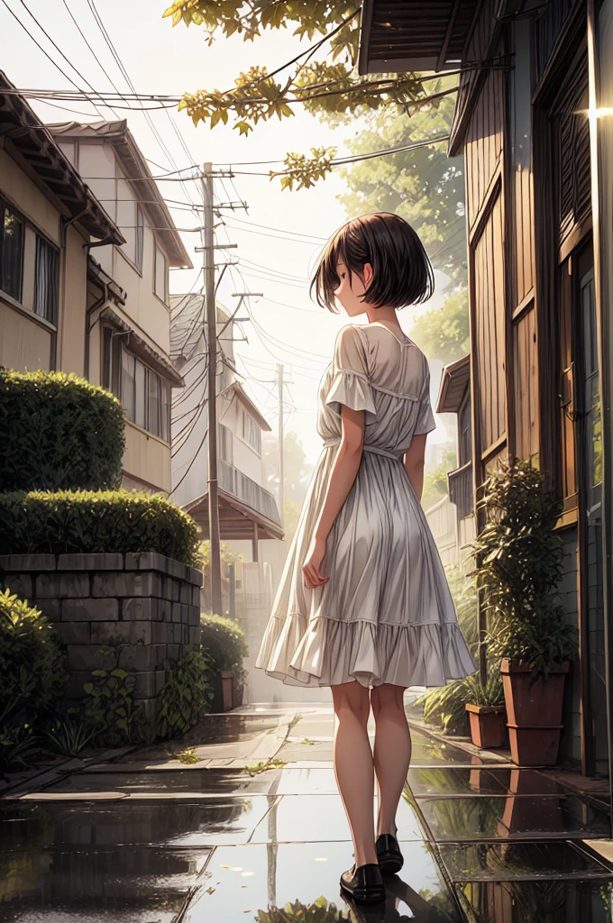 In a quiet, suburban street drenched in the soft afterglow of a recent rain, the camera is positioned at a low angle, capturing the scene from behind a young girl as she walks down the pathway. The shot is framed to emphasize the ethereal atmosphere created by the interplay of light and shadow. The girl's silhouette is central to the composition, bathed in warm sunlight filtering through the overhanging trees, which create a natural canopy above her.The scene is filled with a soft, golden hue, where the sunlight pierces through the dense leaves, casting dappled patterns on the wet pavement. Tiny droplets of water, suspended in mid-air, catch the light, appearing like glistening fireflies around the girl. Her posture is relaxed, her arms slightly swinging as she walks, her simple white dress swaying with her movements. The light breeze gently tousles her short hair, adding to the sense of serenity.Reflections of the girl and the surrounding greenery can be seen in the shallow puddles that still linger on the ground, enhancing the dreamy, almost surreal quality of the scene. In the background, out of focus, the urban elements of street poles and distant buildings are subtly suggested, hinting at the quiet neighborhood setting. The overall composition conveys a peaceful, nostalgic moment, capturing the fleeting beauty of a calm afternoon walk after the rain. UHD, 4K, HIGH QUALITY, QUALITY,