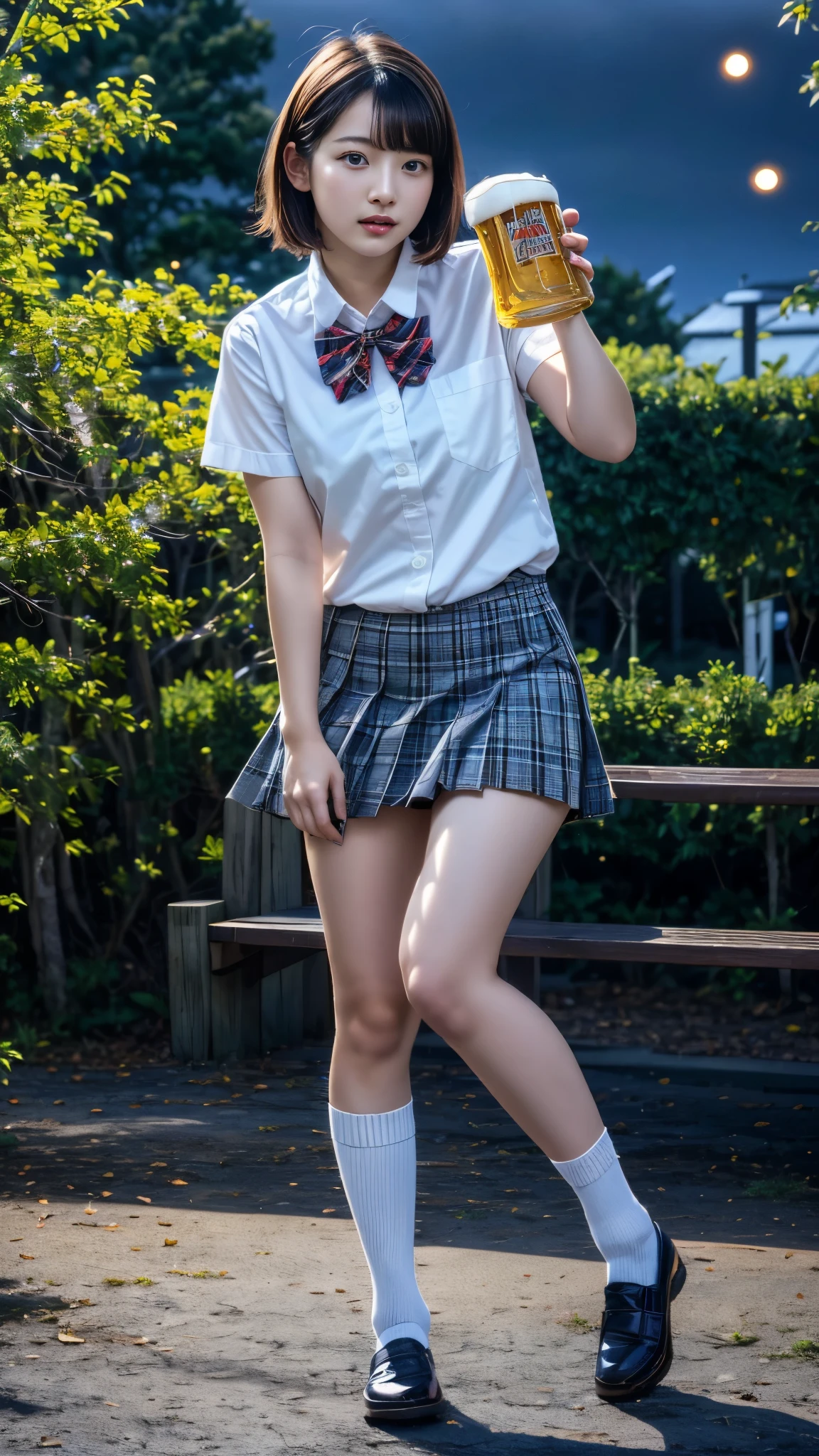 (masterpiece, best quality:1.2), (realistic,photo-realistic:1.4), RAW photo, highres, extremely detailed, intricate details, (full body, from below), solo, 1girl, a 19 years old Korean female, (white shirt, short sleeves, bowtie, plaid miniskirt, pleated skirt, bare legs, thighs, socks, loafers, school uniform:1.2), dark hair, short bob hair, cute face, detailed face, detailed eyes, sophisticated nose, fine-textured skin, pale skin, (drinking beer in park :1.5), (((midnight:1.6))),