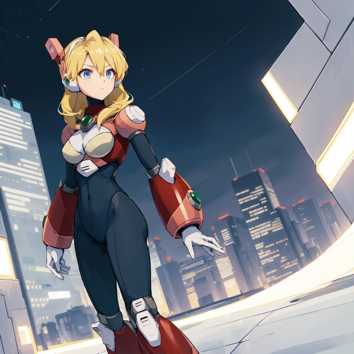 alia_megamanx, 1girl, solo, breasts, blue eyes, blonde hair, android, long hair, robot ears, high quality, masterpiece, standing on a moonlit background with city in sky background