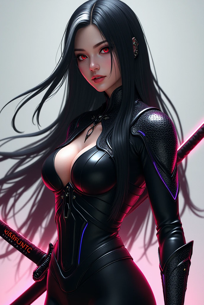 Hair Style and Color: She has long, beautiful black hair with a white streak, resembling a mesh-like pattern. Her hair is smooth and glossy, swaying gracefully with her movements in battle. The white streak symbolizes her individuality and strength, naturally blending into the rest of her hair.
Eyes: Her eyes are red, possessing a gem-like beauty and brilliance. These eyes are cold yet beautiful, leaving a strong impression on those who meet her gaze. The sparkle in her eyes reflects her inner power, symbolizing her strength.
Build: She is tall, with a well-proportioned and toned body. While muscular, she retains a feminine grace and agility.
Outfit: She wears a black, form-fitting suit that emphasizes her physique. The suit is designed to not hinder her movements in combat, with a slight sheen that accentuates her body lines. Light armor on her shoulders and waist provides protection, making the design both practical and simple.
Weapon Design
Sword Design: The sword combines the traditional beauty of a Japanese katana with futuristic, cyberpunk elements. The blade follows the classic curve of a katana, representing the "wa" (harmony) element. It has a black and silver metallic finish, with details suggesting the flow of energy through the blade.
Sword Blade Features: The blade features "vein-like" patterns that glow in red, blue, and parts of purple, as if the sword itself is alive. These patterns pulse with energy, symbolizing the unity between the wielder and the weapon. The glowing veins visually express the flow of energy through the sword, shining even brighter during combat.
Sword Hilt: The hilt resembles the traditional tsuka-maki (hilt wrapping) of a Japanese sword but is made from advanced nanomaterials. Embedded within are fine circuits that emit a subtle glow, wrapping the hilt in a pattern of light.
Tsuba (Handguard): The tsuba features a traditional Japanese design with a central energy core. This core powers the sword, glowing with energy that