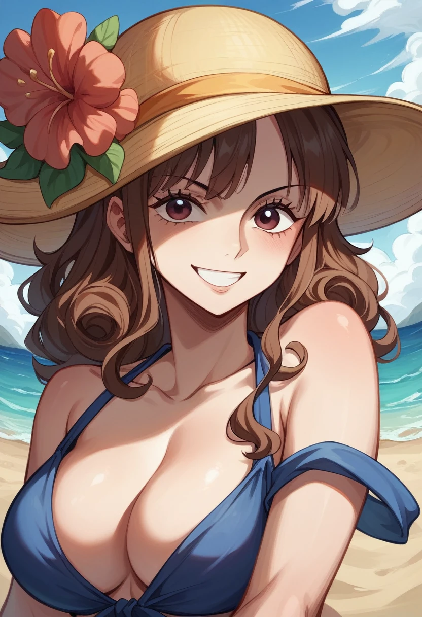 highest quality、4K、Perfect Face、Perfect Style、perfect body、Sunburn、beautiful、mature、long curly layer brown hair、Swept-back hair、sexy 、charming、healthy、hat with brim、smile、one piece、at beach