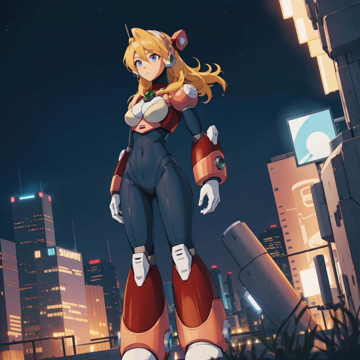 alia_megamanx, 1girl, solo, breasts, blue eyes, blonde hair, android, long hair, robot ears, high quality, masterpiece, standing on a moonlit background with city in sky background