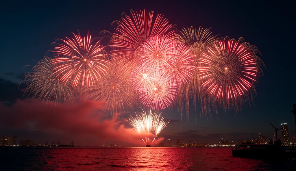 (best quality, masterpiece, ultra detailed, ultra high res, photorealistic, raw photo, absurdres, absolutely resolution), Wide shot: A scene of large fireworks bursting into the night sky.