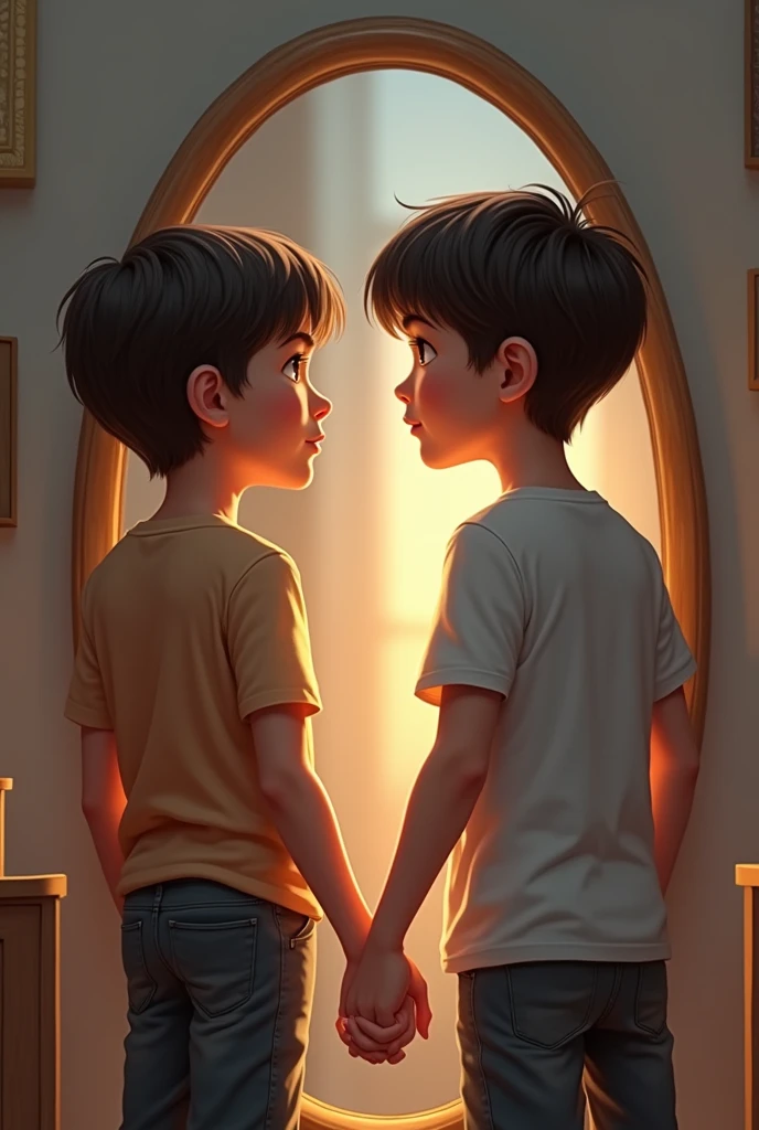 Two friends boys looking at a mirror 