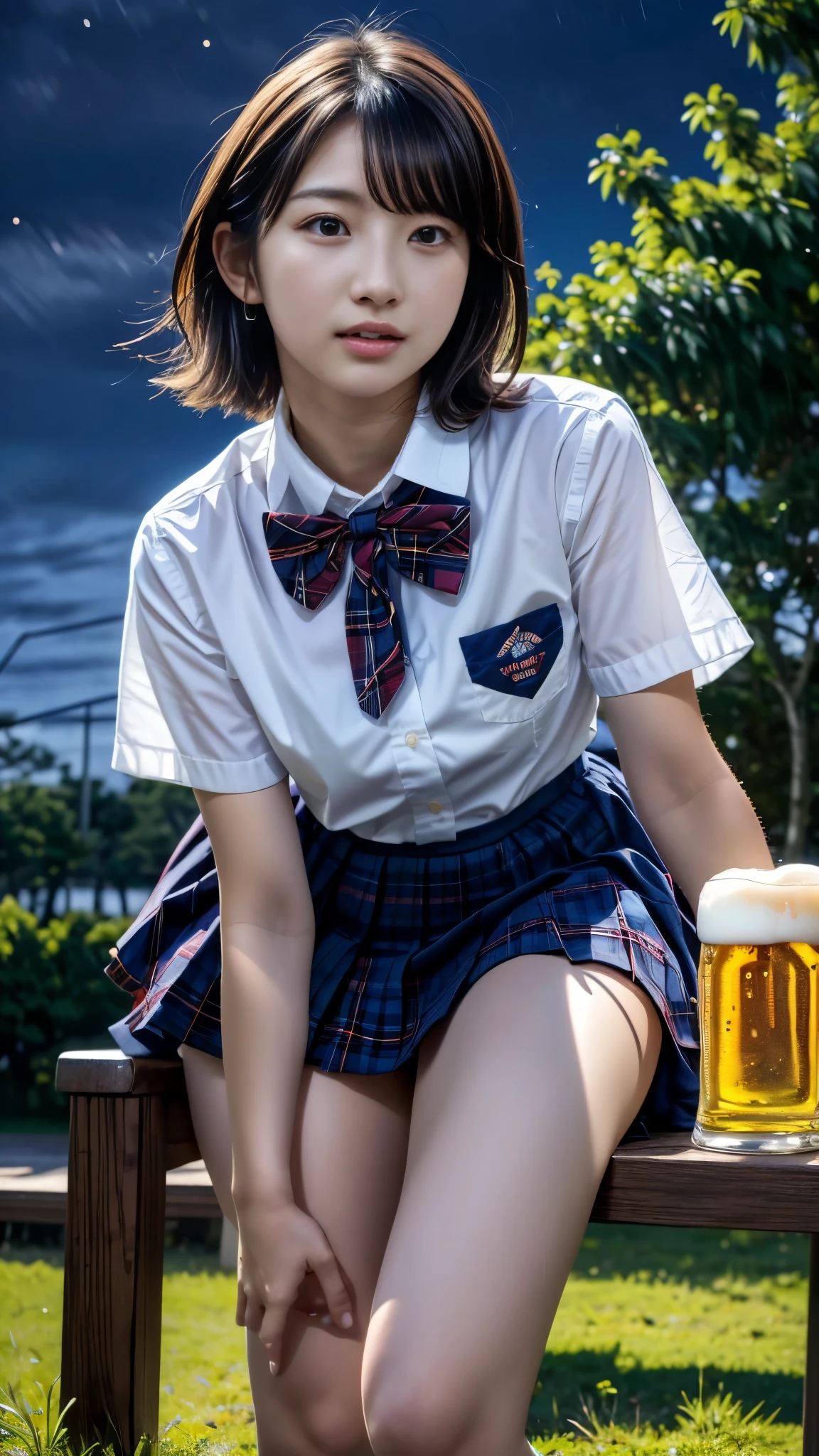 (masterpiece, best quality:1.2), (realistic,photo-realistic:1.4), RAW photo, highres, extremely detailed, intricate details, (full body, from below), solo, 1girl, a 19 years old Korean female, (white shirt, short sleeves, bowtie, plaid miniskirt, pleated skirt, bare legs, thighs, socks, loafers, school uniform:1.2), dark hair, short bob hair, cute face, detailed face, detailed eyes, sophisticated nose, fine-textured skin, pale skin, (drinking beer in park :1.5), (((midnight:1.6))),