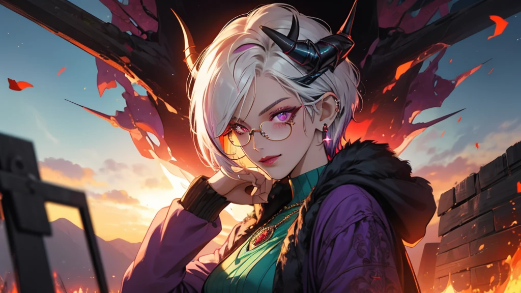 8k, masterpiece, best quality, highly detailed, 1 girl, tiefling, warlock, pixie cut, multicolored hair, very short straight hair red highlight hair on white hair, strippled hair, wearing glasses, round glasses, earrings, navel piercing, red eyeshadow, long eyelashes, blushed cheek, red lips, pearl necklace, rings, collarbone, mole on face, glamorous, teal and purple clothes, miniskirt, smirk, close up view, rings, looking at viewer, demon horns, solo, blood red moon, standing, royal dress, chains, firing fire blast