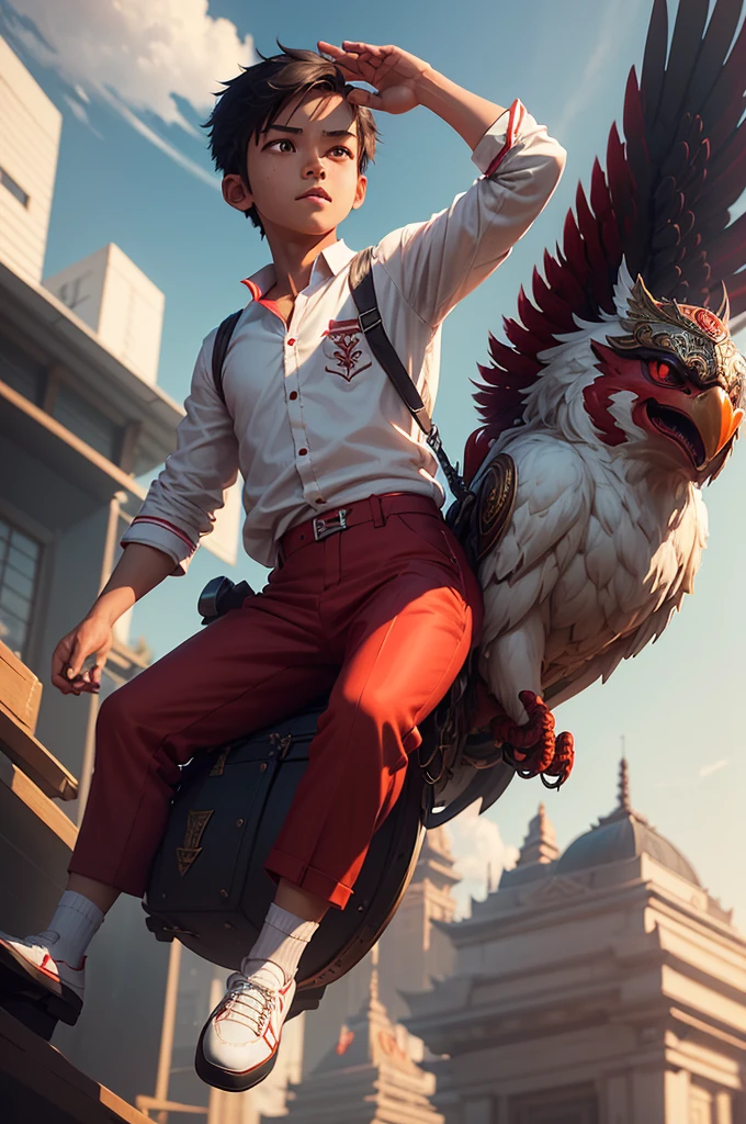 there is a boy riding a garuda bird complete with very detailed and intricate vintage armor, with the Indonesian flag on it, inspired by Rudy Siswanto, cyril rolando and goro fujita, by Rudy Siswanto, indonesia, flying high in the sky, the boy is carrying a waving Indonesian flag, has short hair, with an enthusiastic expression on his face, the boy is wearing a school uniform (((white shirt), (((red trousers))) and black shoes, guweiz style artwork, wojtek fus, epic 3d illustration, inspired by Erik Pevernagie, inspired by Cyril Rolando