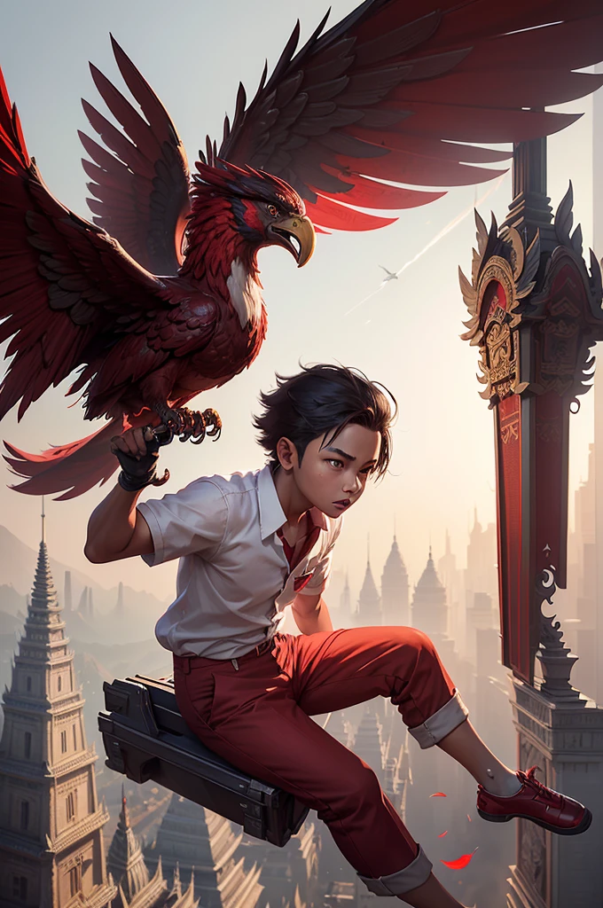 there is a boy riding a garuda bird complete with very detailed and intricate vintage armor, with the Indonesian flag on it, inspired by Rudy Siswanto, cyril rolando and goro fujita, by Rudy Siswanto, indonesia, flying high in the sky, the boy is carrying a waving Indonesian flag, has short hair, with an enthusiastic expression on his face, the boy is wearing a school uniform (((white shirt), (((red trousers))) and black shoes, guweiz style artwork, wojtek fus, epic 3d illustration, inspired by Erik Pevernagie, inspired by Cyril Rolando