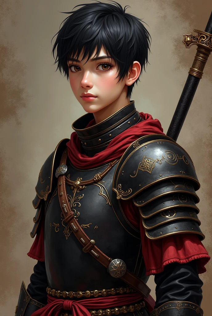 Olive skin, Short black hair, young man, brown eyes, Antiquity, black blood red armor, black and blood red decorated sword, アニメ